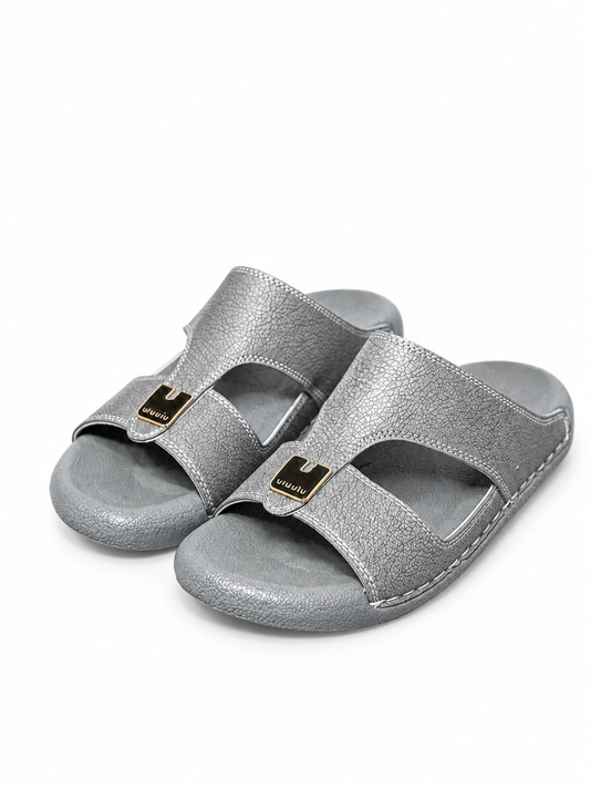 Medicated Grey Leather Arabic Sandals – Men's Comfort Slip-On Slippers