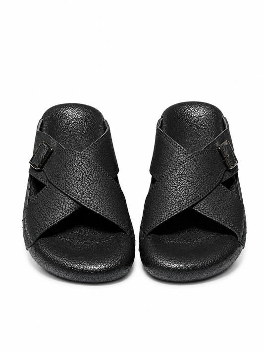 Medicated Black Cross-Strap Buckle Sandals – Men's Leather Slide Slippers