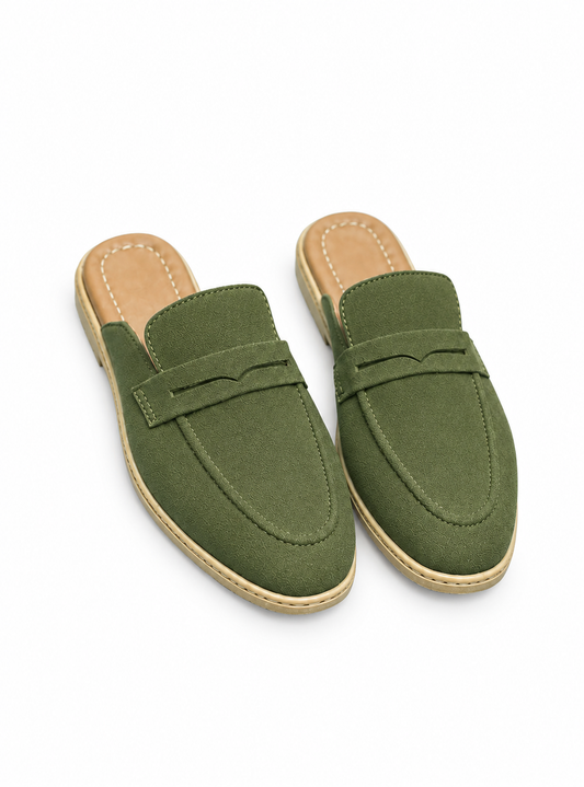 Men's Suede Mule Loafers - Olive Green Suede Backless Penny Loafers