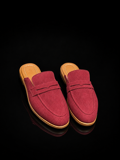 Men's Suede Mule Loafers - Maroon Suede Backless Penny Loafers