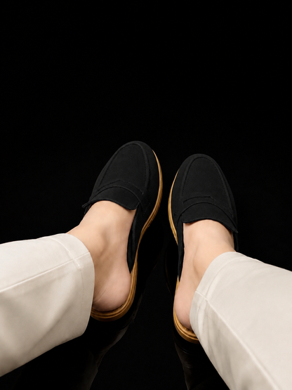 Men's Suede Mule Loafers - Noir Suede Backless Penny Loafers