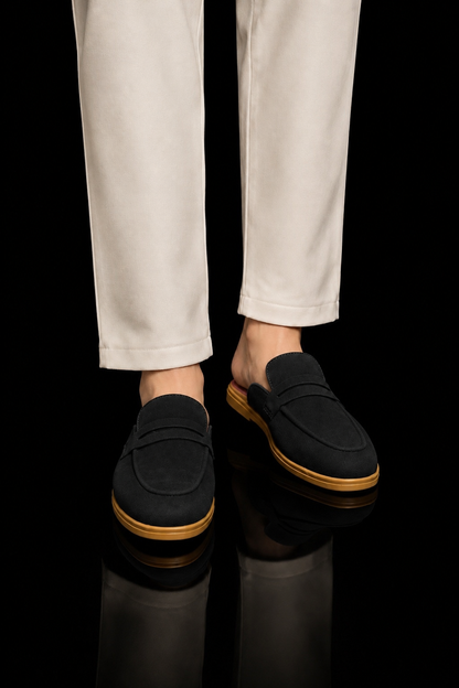 Men's Suede Mule Loafers - Noir Suede Backless Penny Loafers