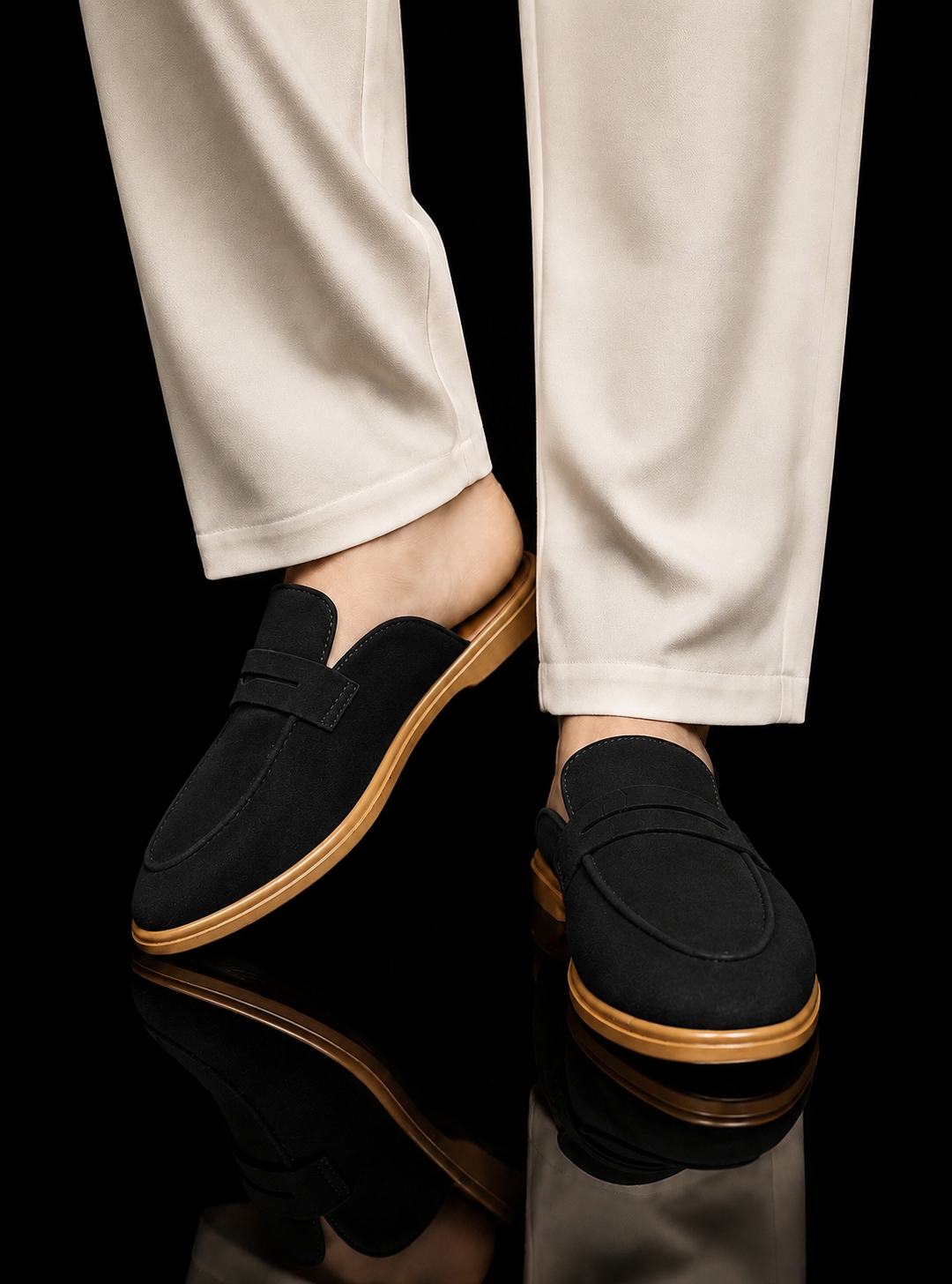 Men's Suede Mule Loafers - Noir Suede Backless Penny Loafers