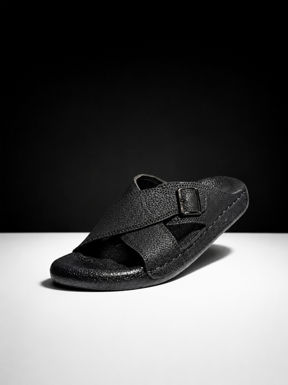 Medicated Black Cross-Strap Buckle Sandals – Men's Leather Slide Slippers