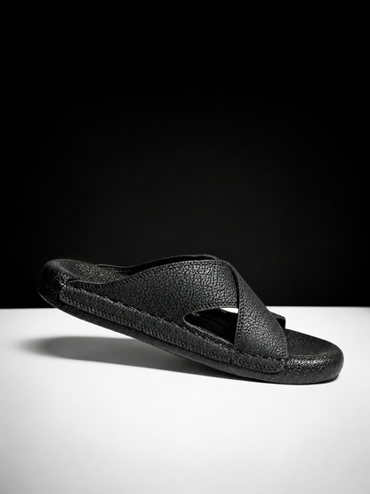 Medicated Black Cross-Strap Buckle Sandals – Men's Leather Slide Slippers
