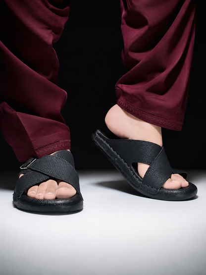 Medicated Black Cross-Strap Buckle Sandals – Men's Leather Slide Slippers