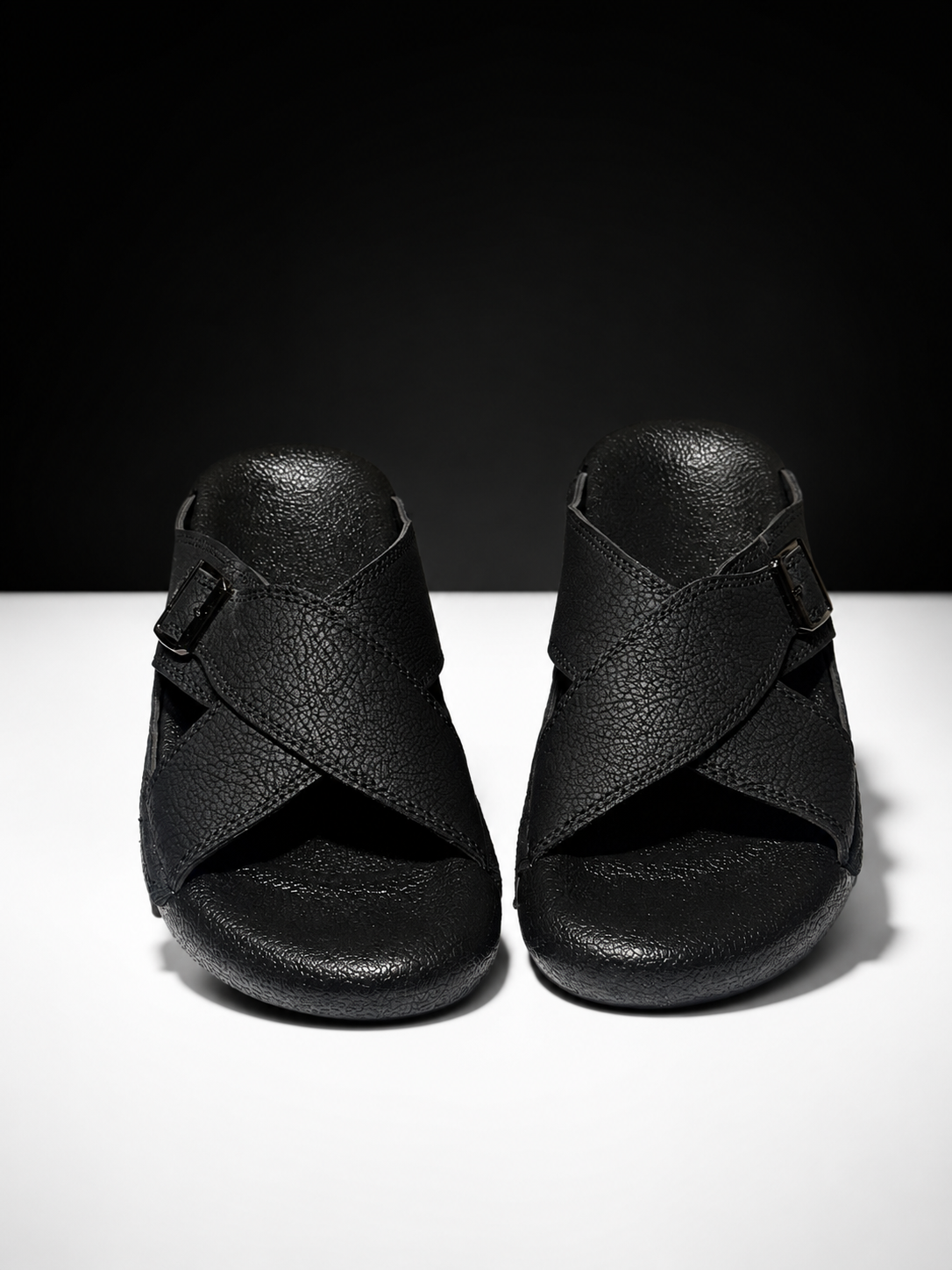 Medicated Black Cross-Strap Buckle Sandals – Men's Leather Slide Slippers