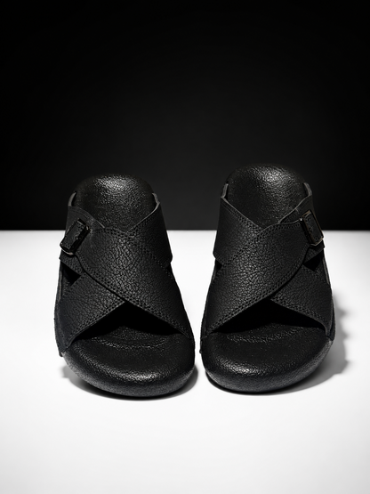Medicated Black Cross-Strap Buckle Sandals – Men's Leather Slide Slippers