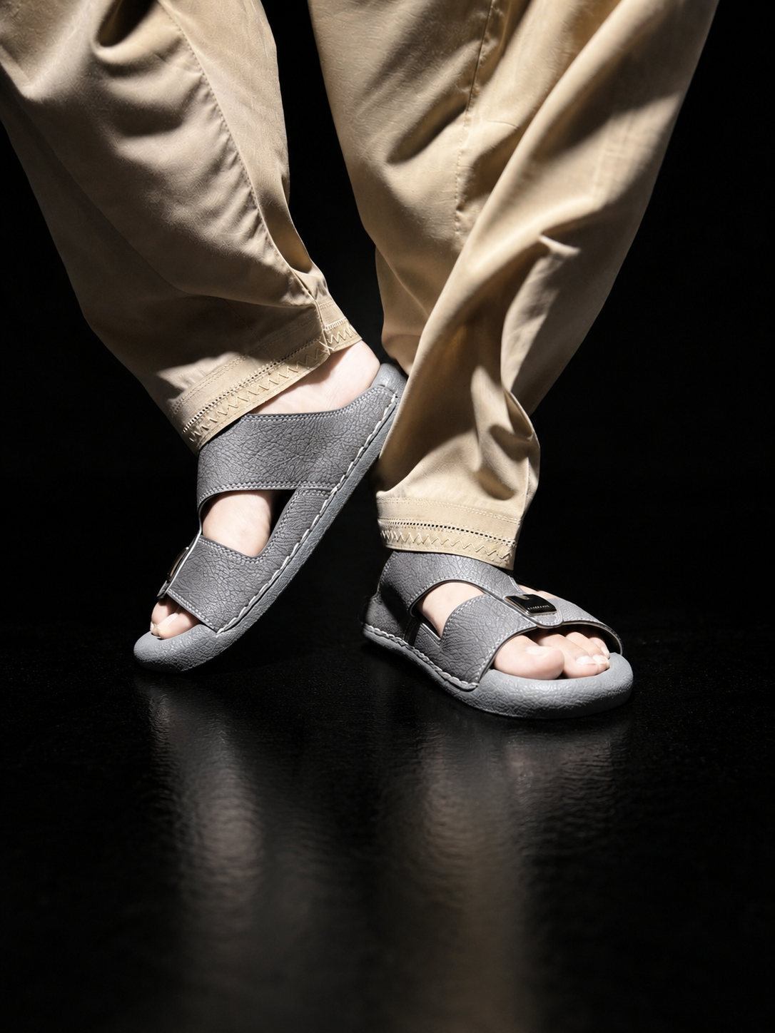 Medicated Grey Leather Arabic Sandals – Men's Comfort Slip-On Slippers
