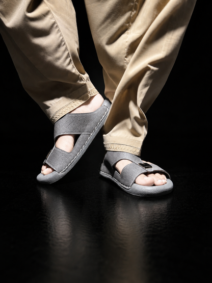 Medicated Grey Leather Arabic Sandals – Men's Comfort Slip-On Slippers