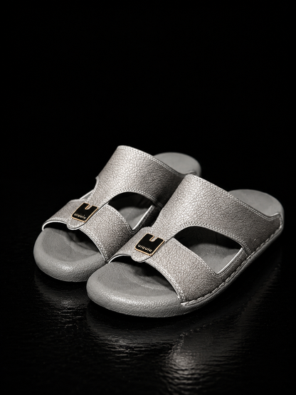 Medicated Grey Leather Arabic Sandals – Men's Comfort Slip-On Slippers