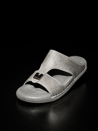 Medicated Grey Leather Arabic Sandals – Men's Comfort Slip-On Slippers