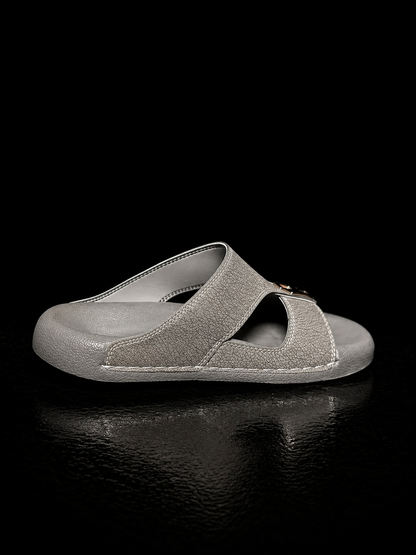 Medicated Grey Leather Arabic Sandals – Men's Comfort Slip-On Slippers