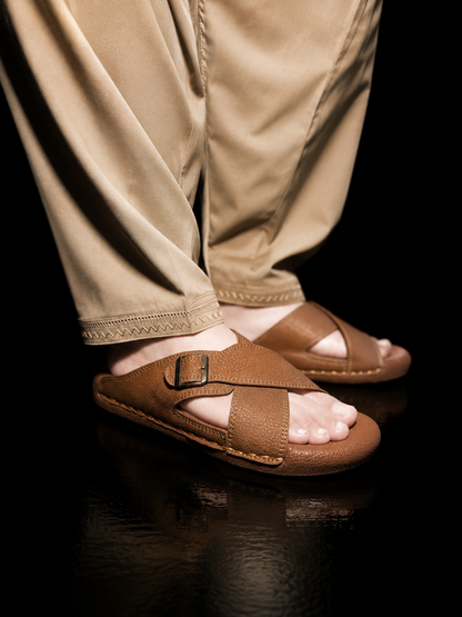 Medicated Brown Cross-Strap Buckle Sandals – Men's Leather Slide Slippers