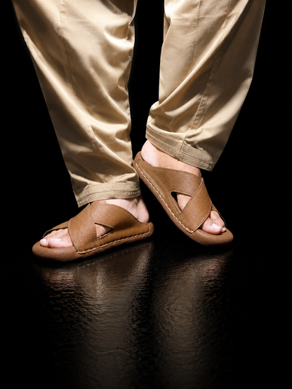 Medicated Brown Cross-Strap Buckle Sandals – Men's Leather Slide Slippers