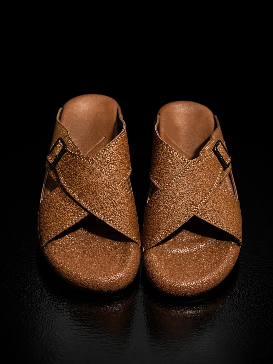 Medicated Brown Cross-Strap Buckle Sandals – Men's Leather Slide Slippers