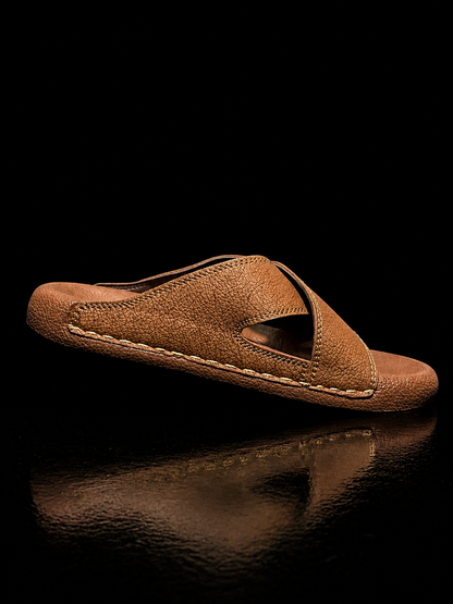 Medicated Brown Cross-Strap Buckle Sandals – Men's Leather Slide Slippers