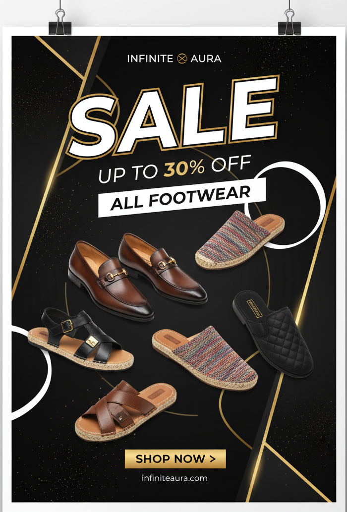 A promotional poster for Infinite Aura footwear featuring a black background with gold geometric lines, large 'SALE' text, and multiple illustrated/photographic shoes including brown loafers, espadrilles, and sandals. The poster is shown hanging against a light gray wall.