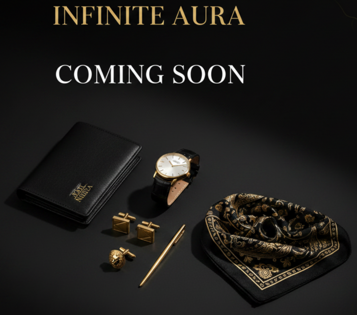 Promotional graphic for 'INFINITE AURA COMING SOON' featuring a styled arrangement of luxury men's accessories on a dark background: a black leather wallet with gold logo, a gold-tone watch with black strap, gold cufflinks, a gold tie clip, a black-and-gold patterned scarf, and a gold pen. Text at the bottom reads 'Exquisite Male Accessories.